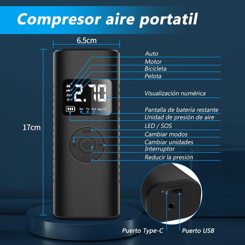 AWESAFE 7800mAh Compresor Aire Portatil 150PSI &Power Bank, Inflador Ruedas Coche con Pantalla LCD Digital y Linterna LED SOS, Bomba de Aire Bicicletas, Scooters, Moto, Coche, Pelotas