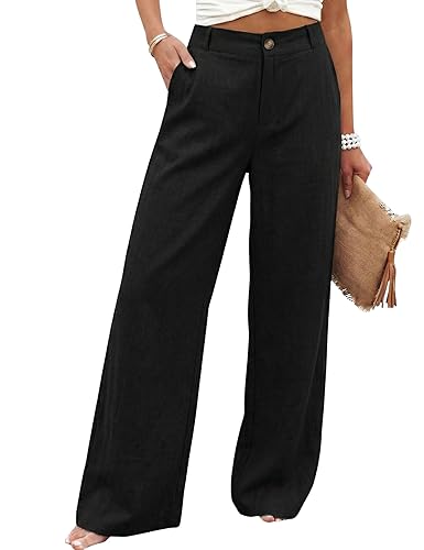 Hooever Womens Cotton Linen Pants Casual Button Up High Waisted