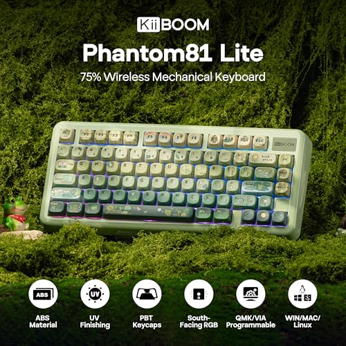 Image of KiiBoom Phantom81 Lite 75% Gasket Mechanical Keyboard, QMK&VIA Programmable, 3 Modes Wireless Gaming Keyboard, RGB Backlights, ABS Case + UV Tech, Hot-Swappable for Windows /Mac /Linux (Green)