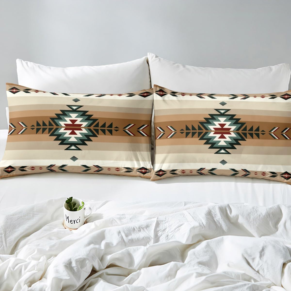 Copripiumino Queen Size 100% Cotone Con Design Sud-Ovest Geometrico E Tribale - Beige - Set Biancheria Letto Morbido