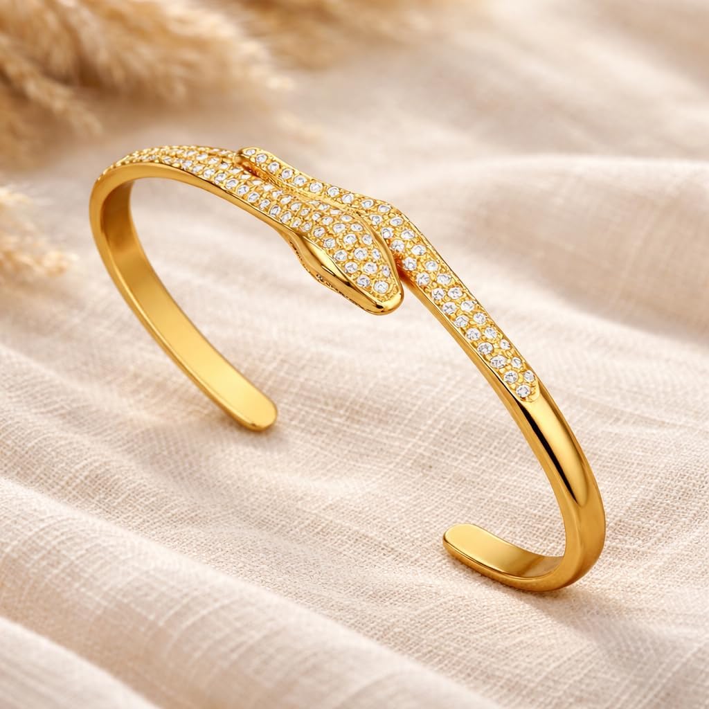 Gold Plated Stainless Steel Snake Bracelets for Women, Hinged & Cuff Style Options, Enamel and CZ Design Fashion Bangles, Trendy Jewelry Gift Collection - Image 2