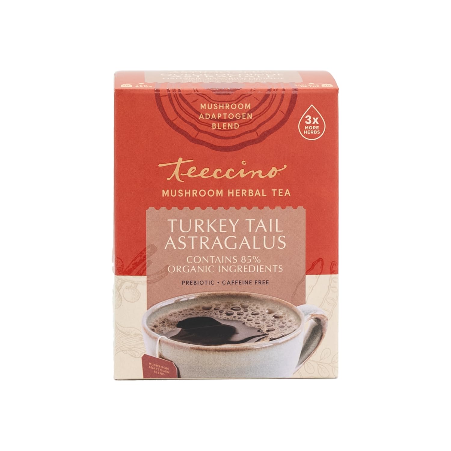 Teeccino Turkey Tail Astragalus - Toasted Maple - Caffeine Free Mushroom Adaptogenic Herbal Tea, 3x More Herbs than Regular Tea Bags, Lightly Sweet from Dates & Figs, Chicory Prebiotic - 10 Tea Bags