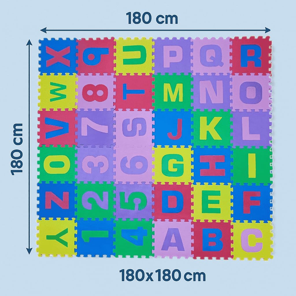 Tappetino puzzle 36 piastrine (86 pezzi) in gomma con lettere e numeri, 180 x 180 cm (3,24 m2)
