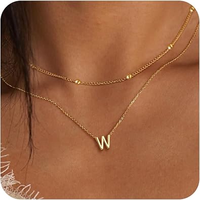 Poxtex Initial Necklaces for Women 14K Gold Silver Plated Letter Jewelry Non Tarnish Layered Dainty Cute A-Z Pendant Choker Necklace Waterproof Trendy Name Necklace Personalized Jewelry Gift for Women
