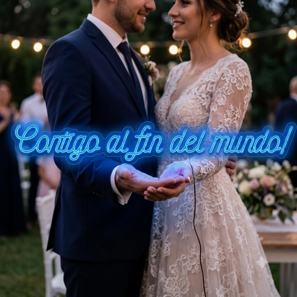 Letrero Neon led metacrilato'contigo al fin del mundo', Color para Bodas medida 100 cm x 15 cm alimentación 12 v