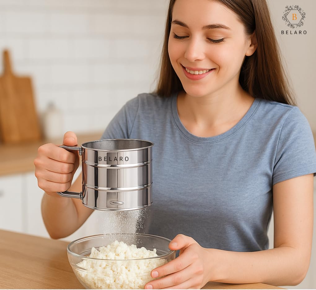 Mehlsieb, 3 Tassen Sieb zum Backen, Edelstahl Mehlsieb zum Backen von Kuchen, Gebäck, Kuchen, Cupcakes und Desserts, Puderzuckerstreuer Staubwedel, mit Handpress-Design
