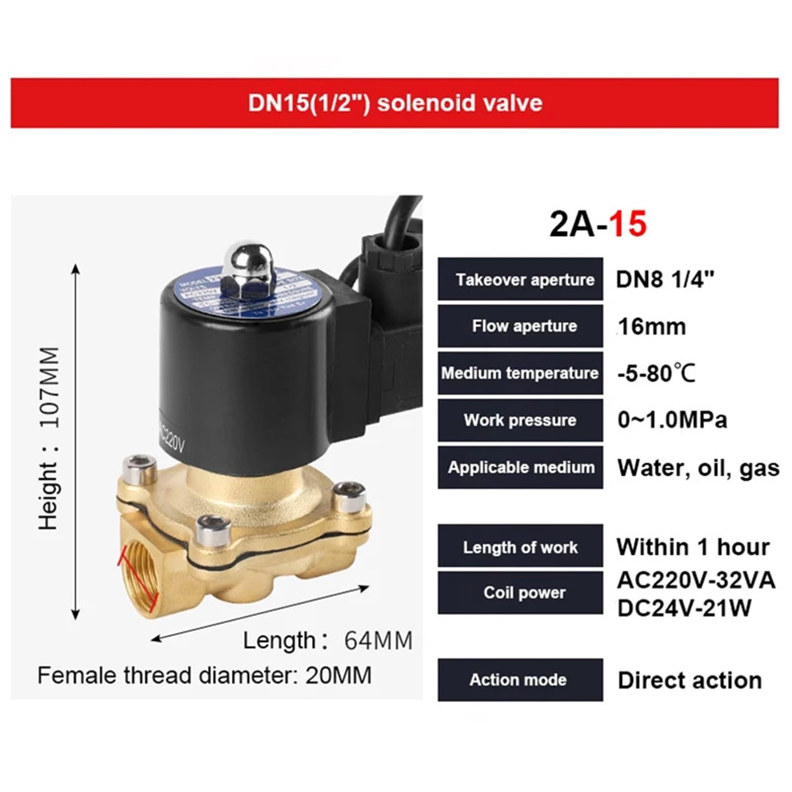 Elettrovalvola Subacquea in Ottone da 1/2" DN15 Acqua 12V 24V 220V(24vdc-Closed)