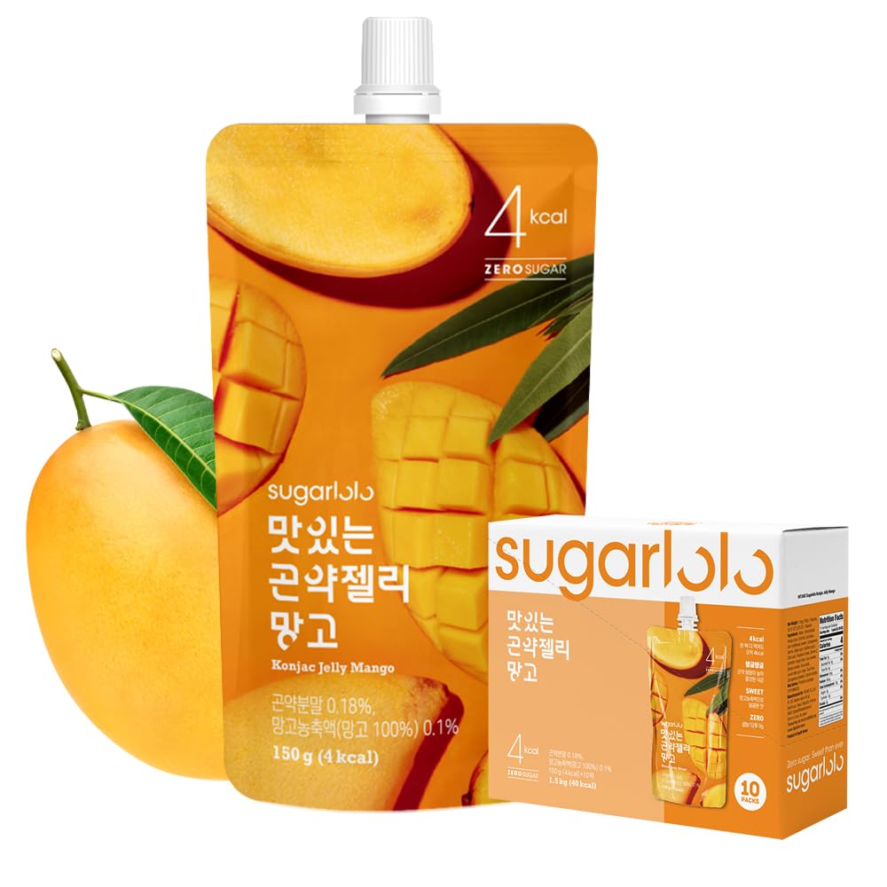 Sugarlolo Konjac Sweet Mango Jelly Snack - Vegan Healthy Drinkable Jello, Sugar Free | 4 Calories per Pouch | Low Calorie Korean Fruit Snacks 5.29 Oz (150g)
