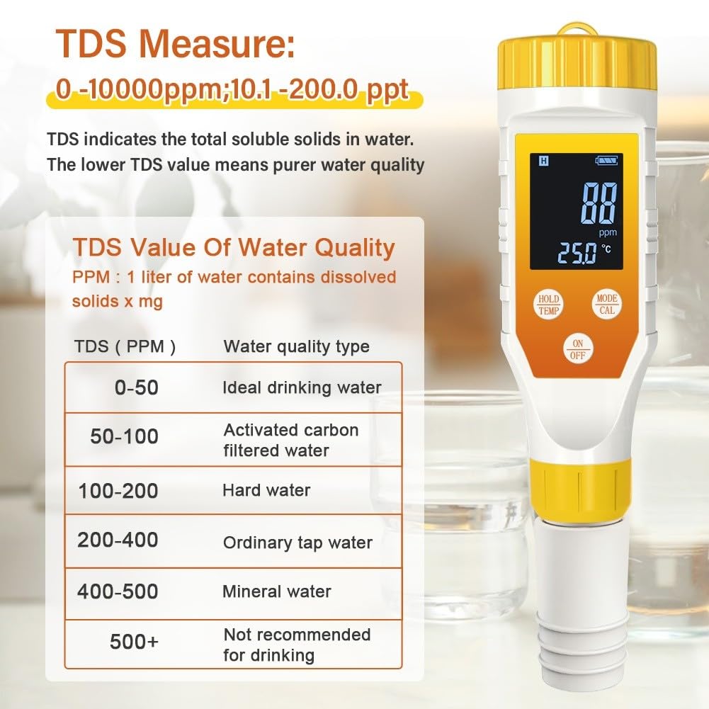 FACAIIO Digitaler 7-in-1-Wasserstoff-Wassertester, Hintergrundbeleuchtung, ORP-Salinität, pH-Messgerät, Getränke und Säfte
