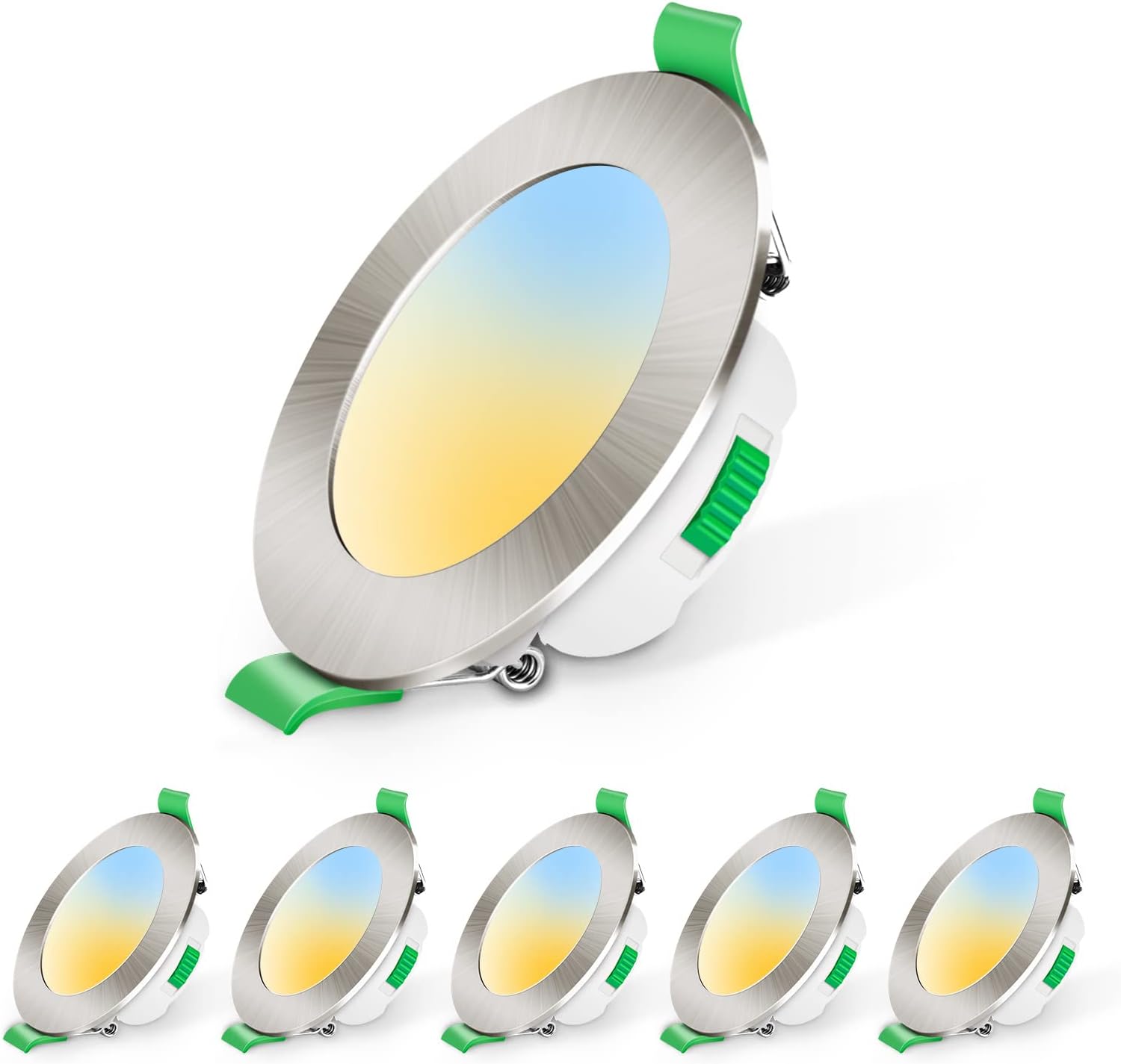 ALUSSO LIGHTINGLED Recessed Ceiling Lights 7W Ultra Flat Dimmable Downlights IP44 Spotlights for Bathroom Kitchen, 3000K Warm White 4000K Neutral White 6500K Cool White Adjustable, 6Pack Round Nickel