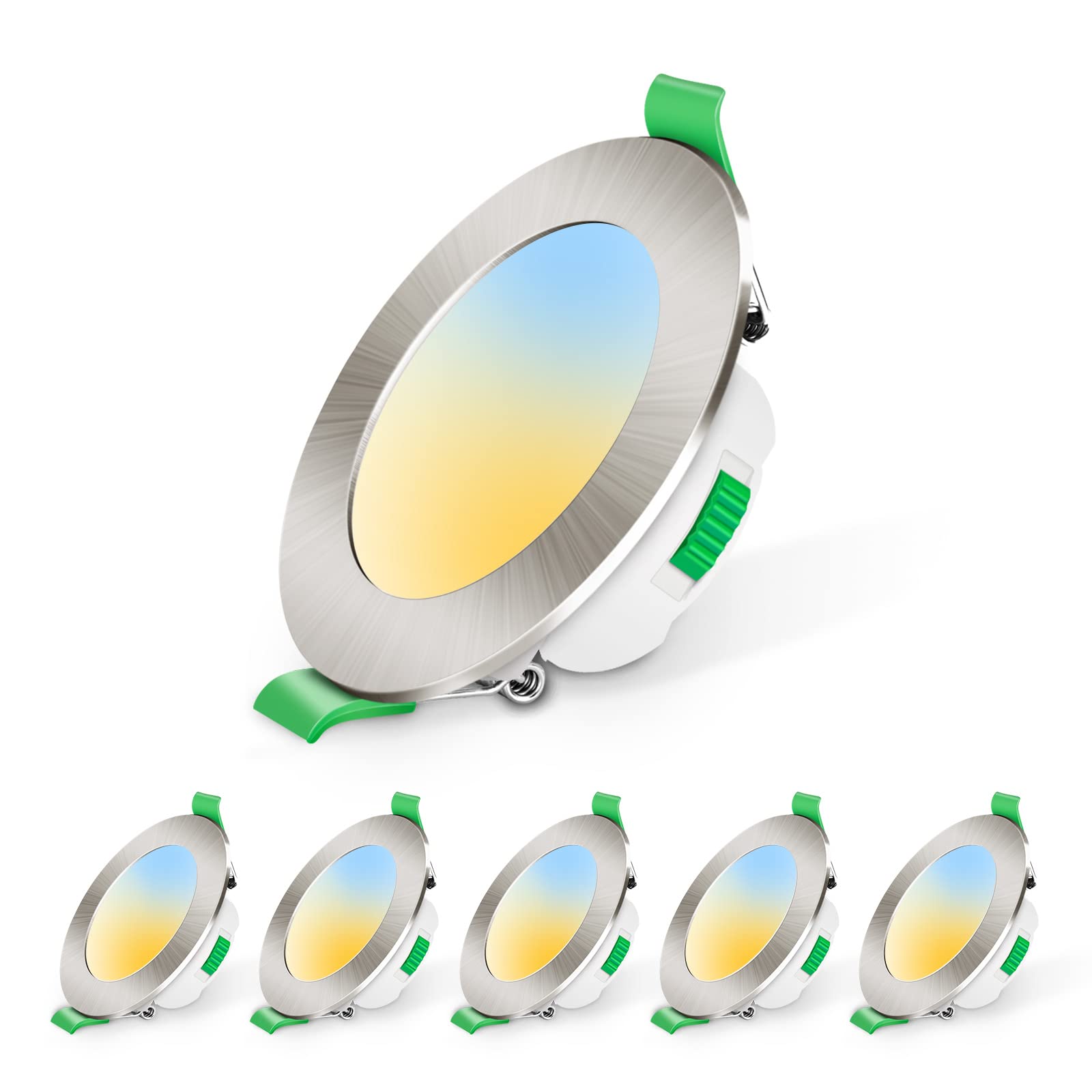 ALUSSO LIGHTINGLED Recessed Ceiling Lights 7W Ultra Flat Dimmable Downlights IP44 Spotlights for Bathroom Kitchen, 3000K Warm White 4000K Neutral White 6500K Cool White Adjustable, 6Pack Round Nickel