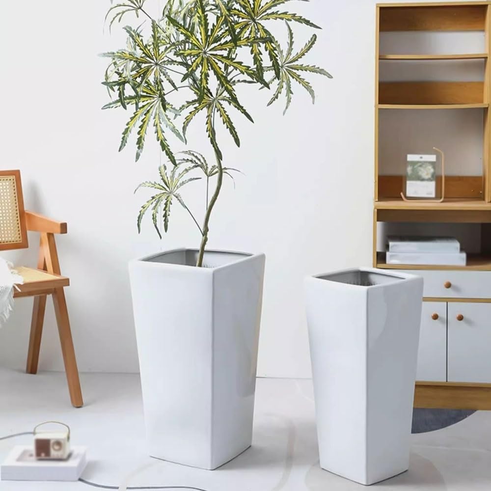 Białe doniczki z połyskiem do ziemi, z otworami drenażowymi, ceramicznymi doniczkami, roślinami, kwiatami, pojemnikami do salonu, ogrodu itp