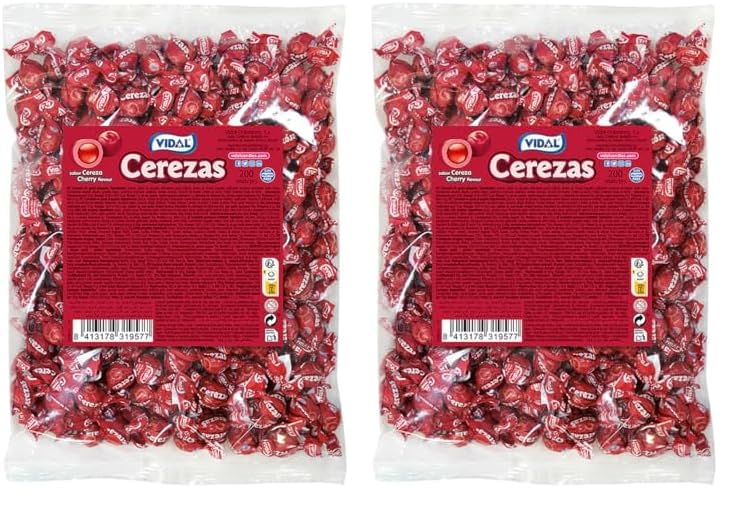 Vidal Golosinas Cherries. Caramelo de goma grageado sabor cereza. Bolsa de 200 unidades. (Paquete de 2)