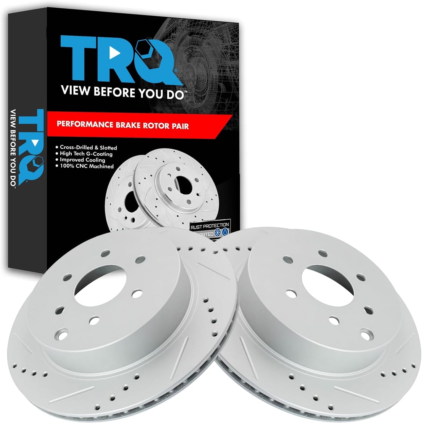 TRQ Rear Brake Rotors Set Performance Premium G-Coated Slotted X Drilled Driver & Passenger Side Compatible with 2005-2012 Nissan Pathfinder
