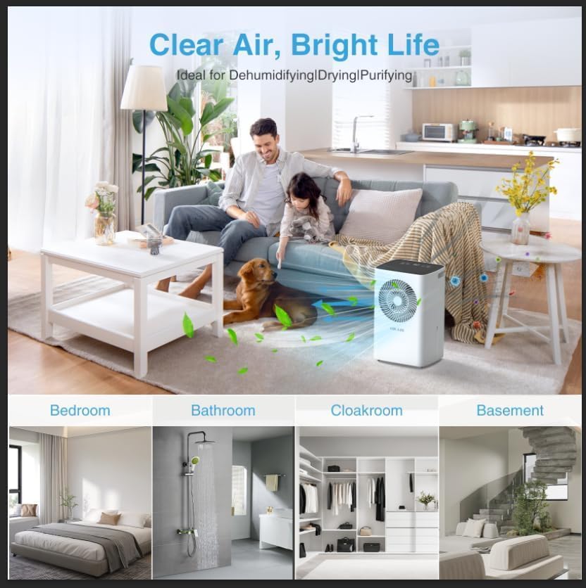 Miniatura 7 de Deshumidificador, deshumidificador de 1500 pies cuadrados de 21 pintas para sótano con manguera de drenaje para el hogar, habitación grande, baño,