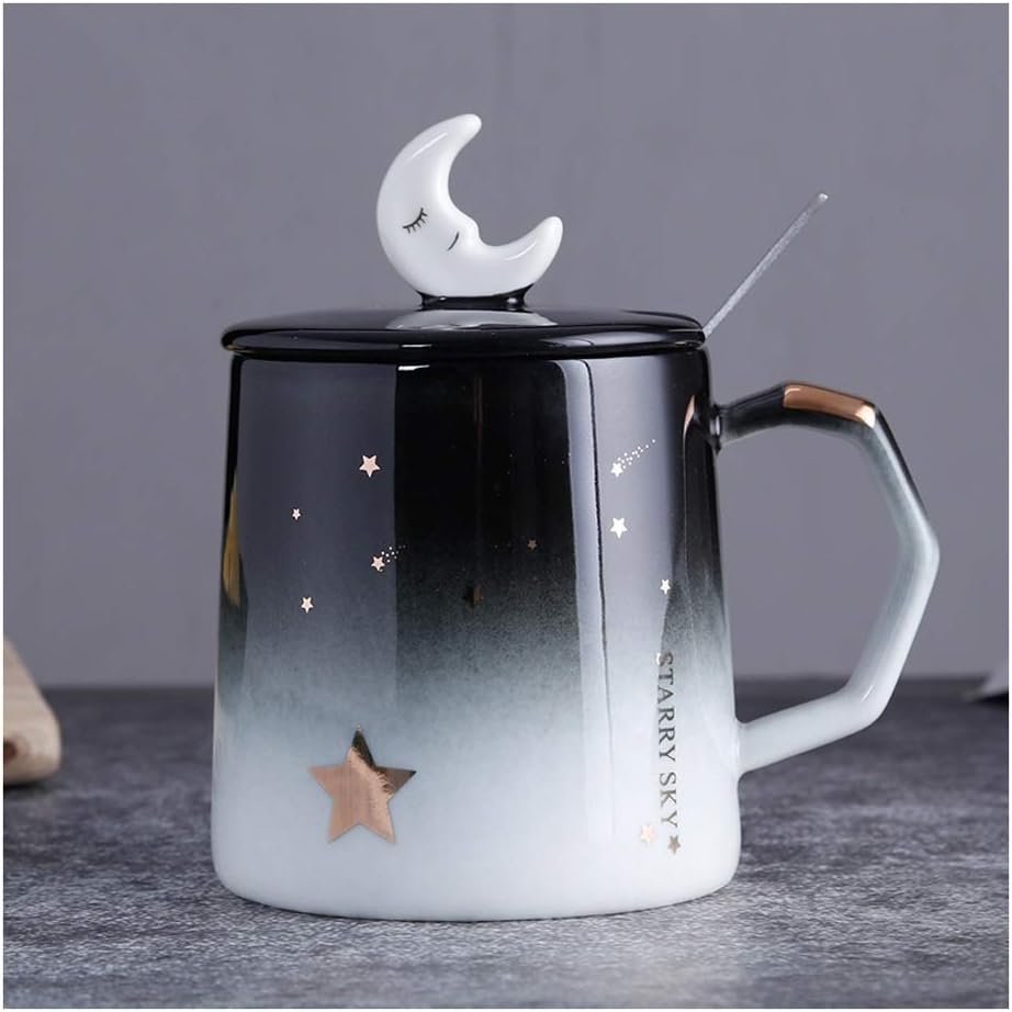Coffee Cup 13.5oz Romantic Starry Sky Ceramic Mugs with Lid Silver Spoon Porcelain Coffee Milk Tea Cups Office Travel Cup for Women Lovers Friends Gifts Tea Cup