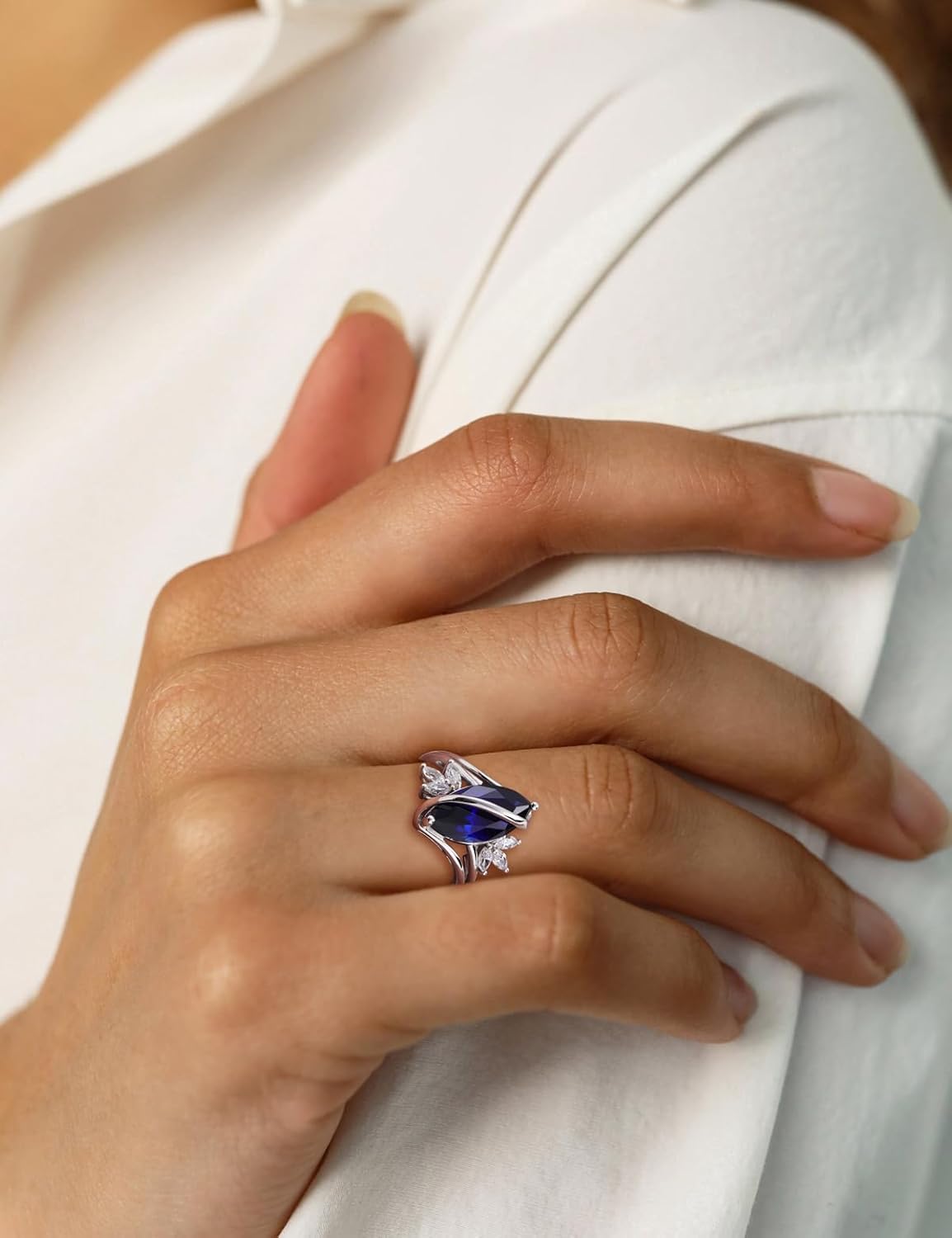 Marquise Cut Ring Sterling Silver Engagement Rings for Women Twist Marquise Flower Ring Created Sapphire/Ruby/Emerald/Aquamarine Gemstone Anniversary Jewelry Size 6-10 - Image 7