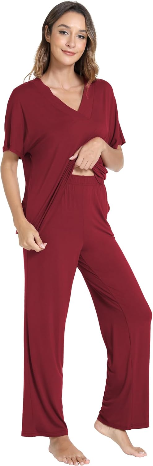 GYS Bamboo Viscose Women's Pajama Sets Short Sleeve V-Neck Sleep Set with Pockets - Image 3