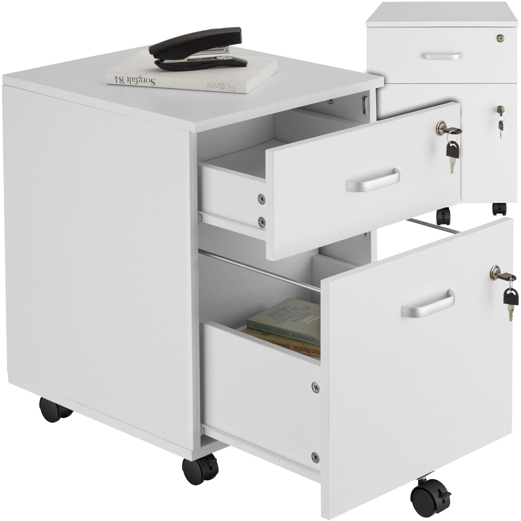 tectake® cajonera con ruedas, cajonera oficina con cerradura, cajonera escritorio con 2 cajones, mueble archivador para carpetas, armario bajo oficina - Blanco