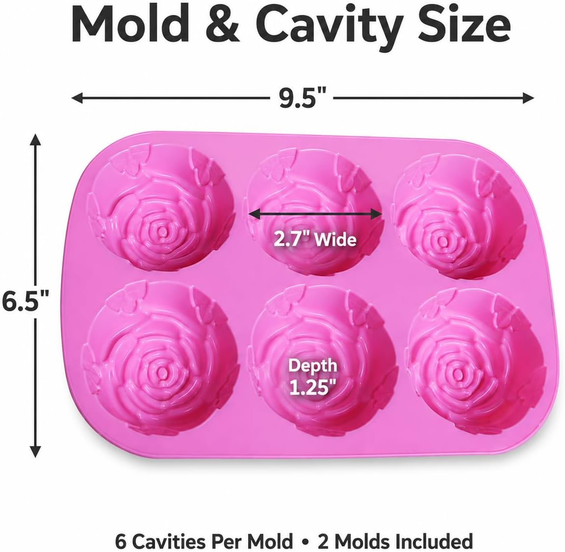 2 Pack Rose Silicone Molds, 6-Cavity Flower Soap Molds for Chocolate, Candy, Cake, Jelly, Pudding, Ice Cubes, Lotion Bars, Candles & Bath Bombs, Pink