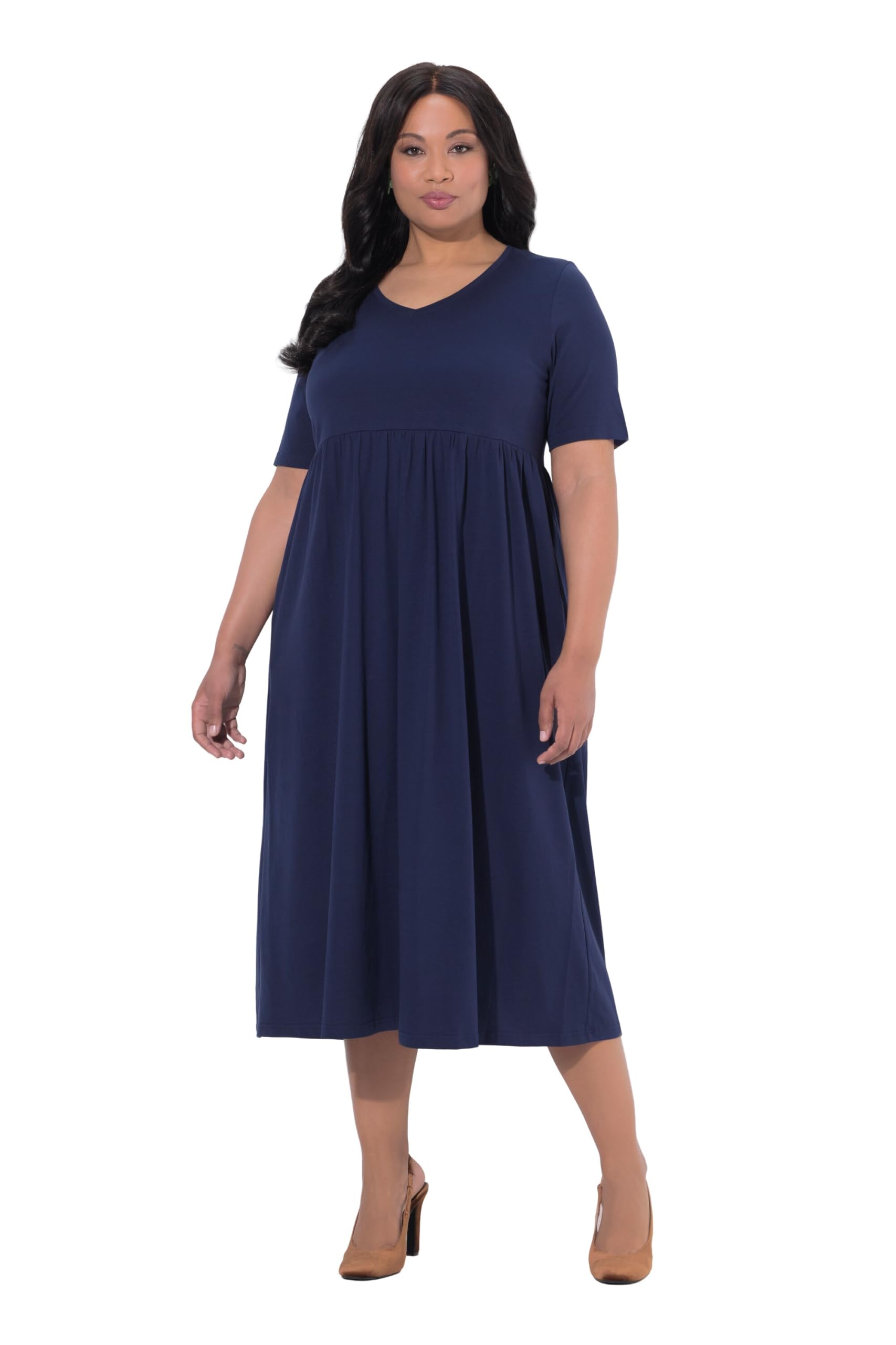 Ulla Popken Damen große Größen Übergrößen Plus Size Maxikleid, A-Linie, Jersey, V-Ausschnitt, Halbarm, Taschen 838189