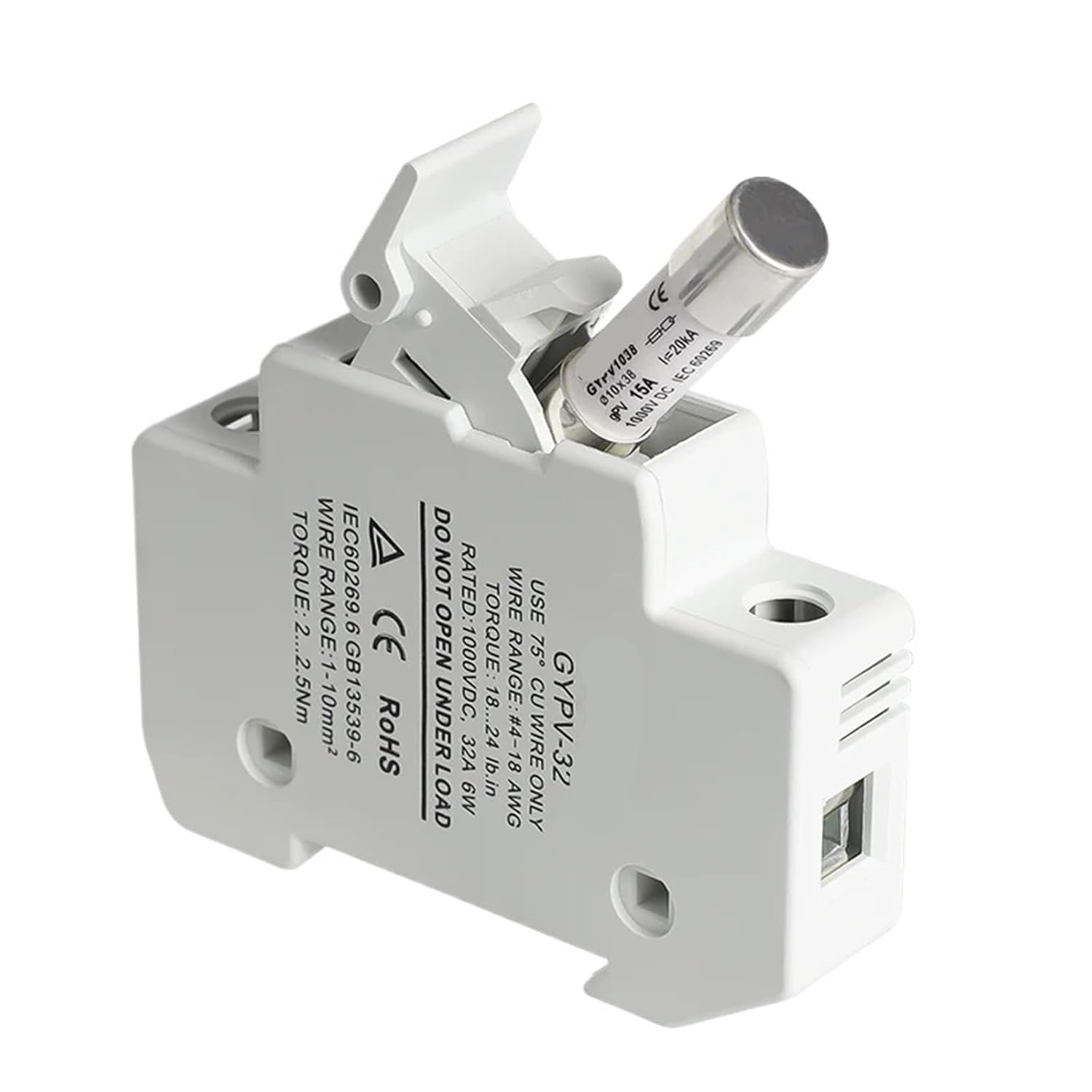 GPV DC Fuse Holder with 10 * 38mm Fuse Link 1000VDC10A 15A 20A 25A 30A DC Fuse for Solar System(15A Fuse with Holder)