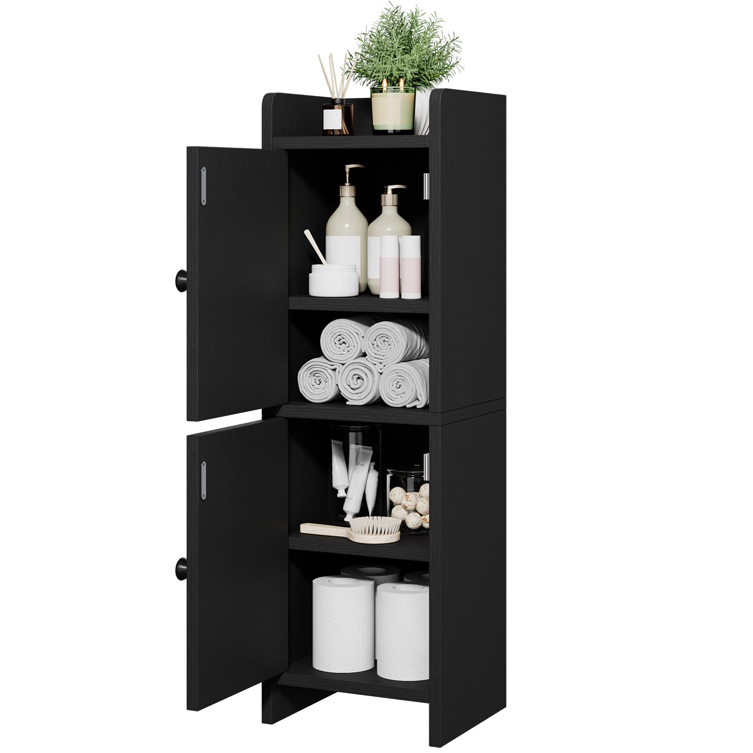 IBUYKE Kleiner Badezimmerschrank mit Rattantür, schmaler Toilettenpapierhalter, Standschrank mit verstellbaren Einlegeböden, platzsparender Organizer für Toilettenartikel WBS001B