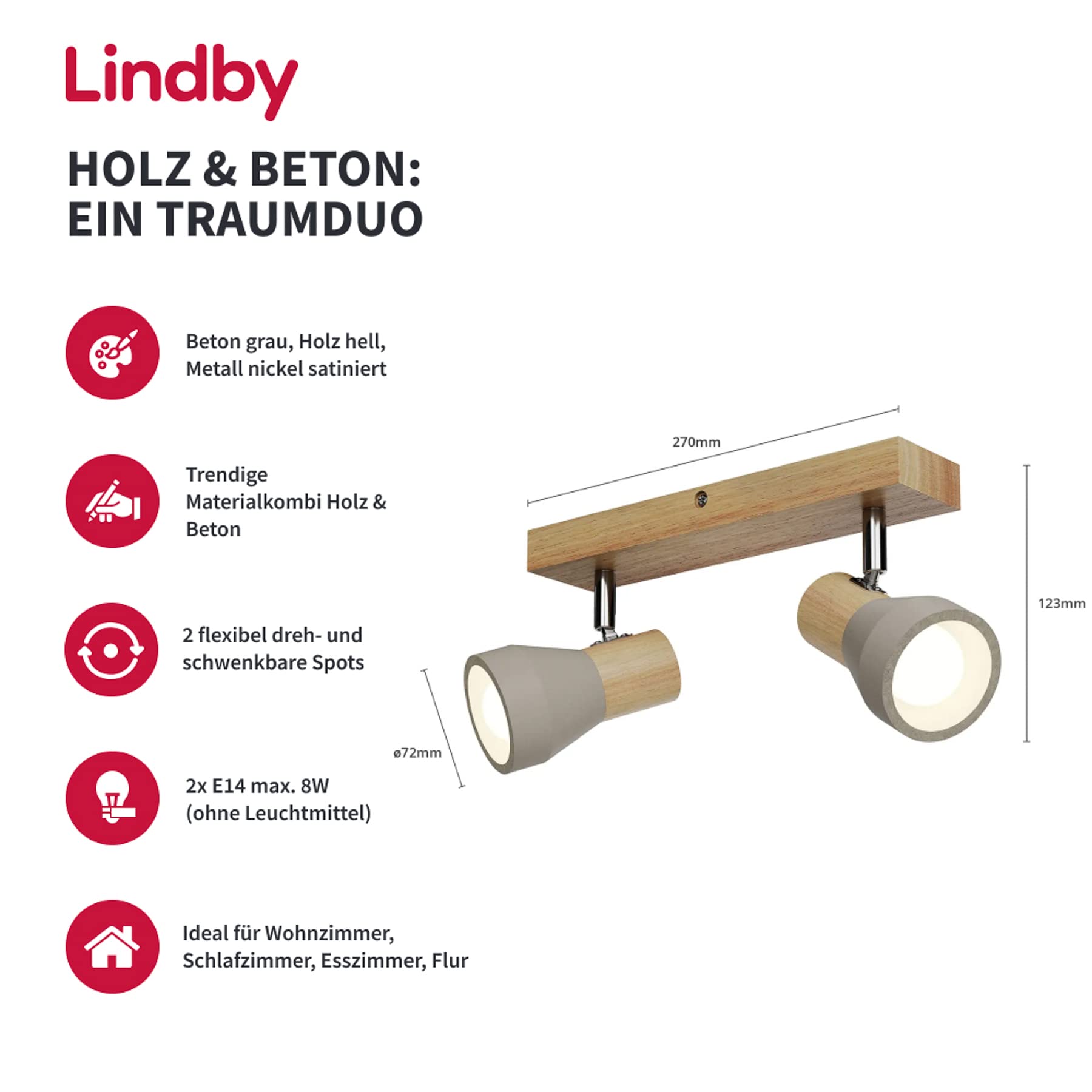 Lindby Deckenlampe Beton Kiefernholz, Deckenstrahler Drehbar Schwenkbar Spotbalken 4x GU10 Ohne Leuchtmittel Strahler Spot Deckenleuchte Küche
