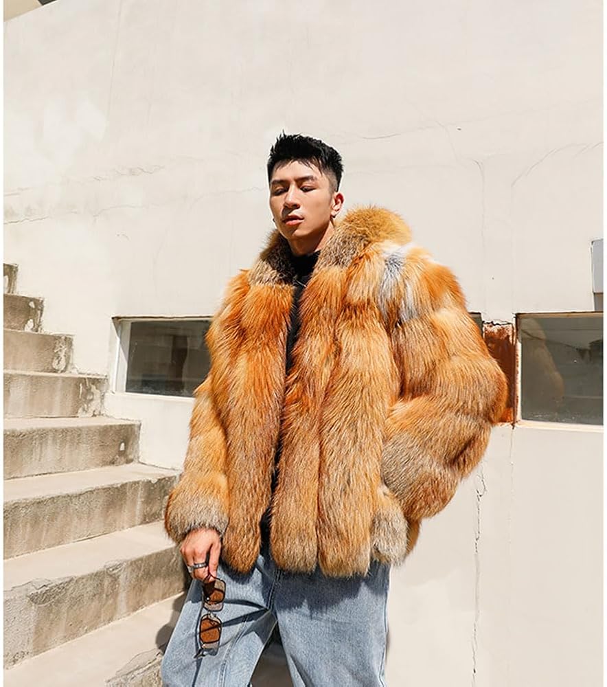 Denny&Dora Men's Brown Fox Fur Hooded Jacket - Winter Fur Trench