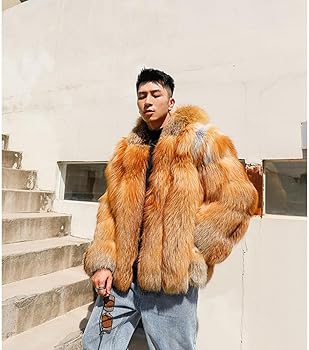 Denny&Dora Men's Brown Fox Fur Hooded Jacket - Winter Fur Trench