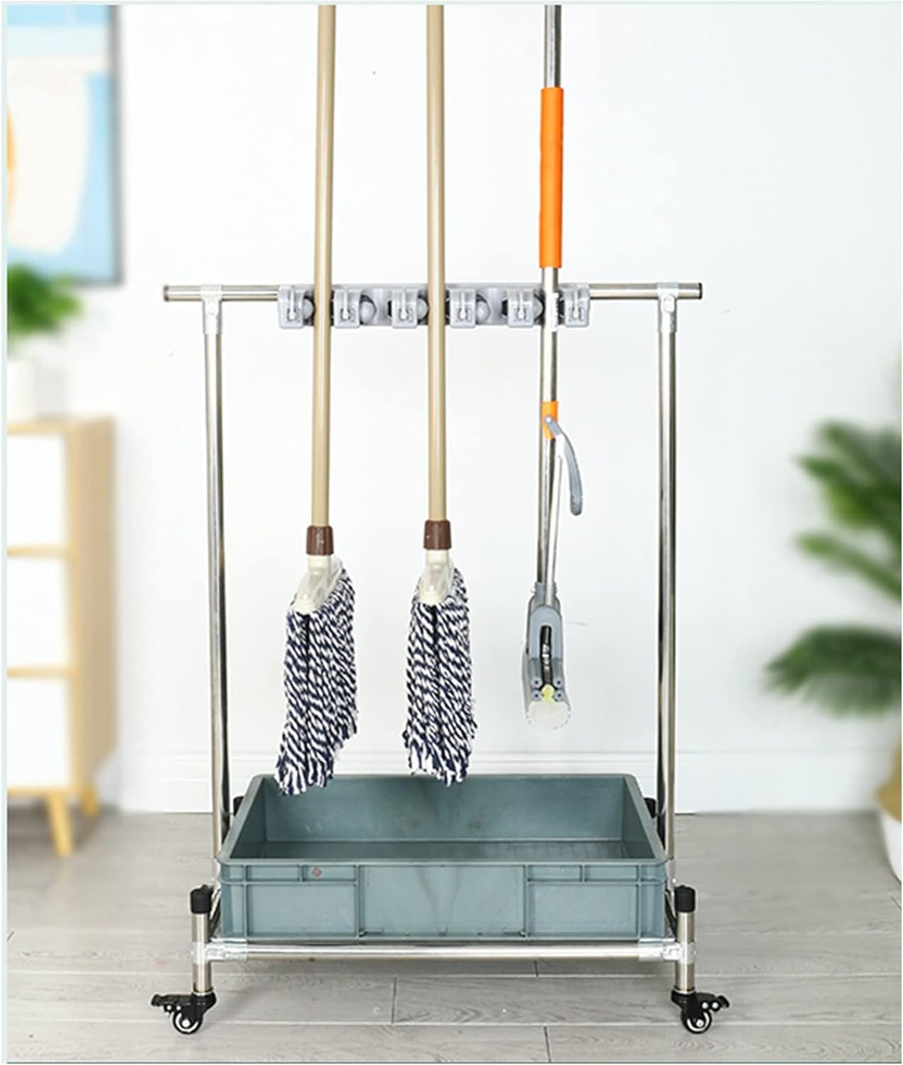 ASerZenith Movable Broom Mop Holder,Commercial Mop Rack, Cleaning Tool Cart,Housekeeping Supplies Organizer, Garden Tool Storage,Mop Drain Rack Can Put Wet Mops,With Gray Tray,Garden Clo,Grey-10Slots