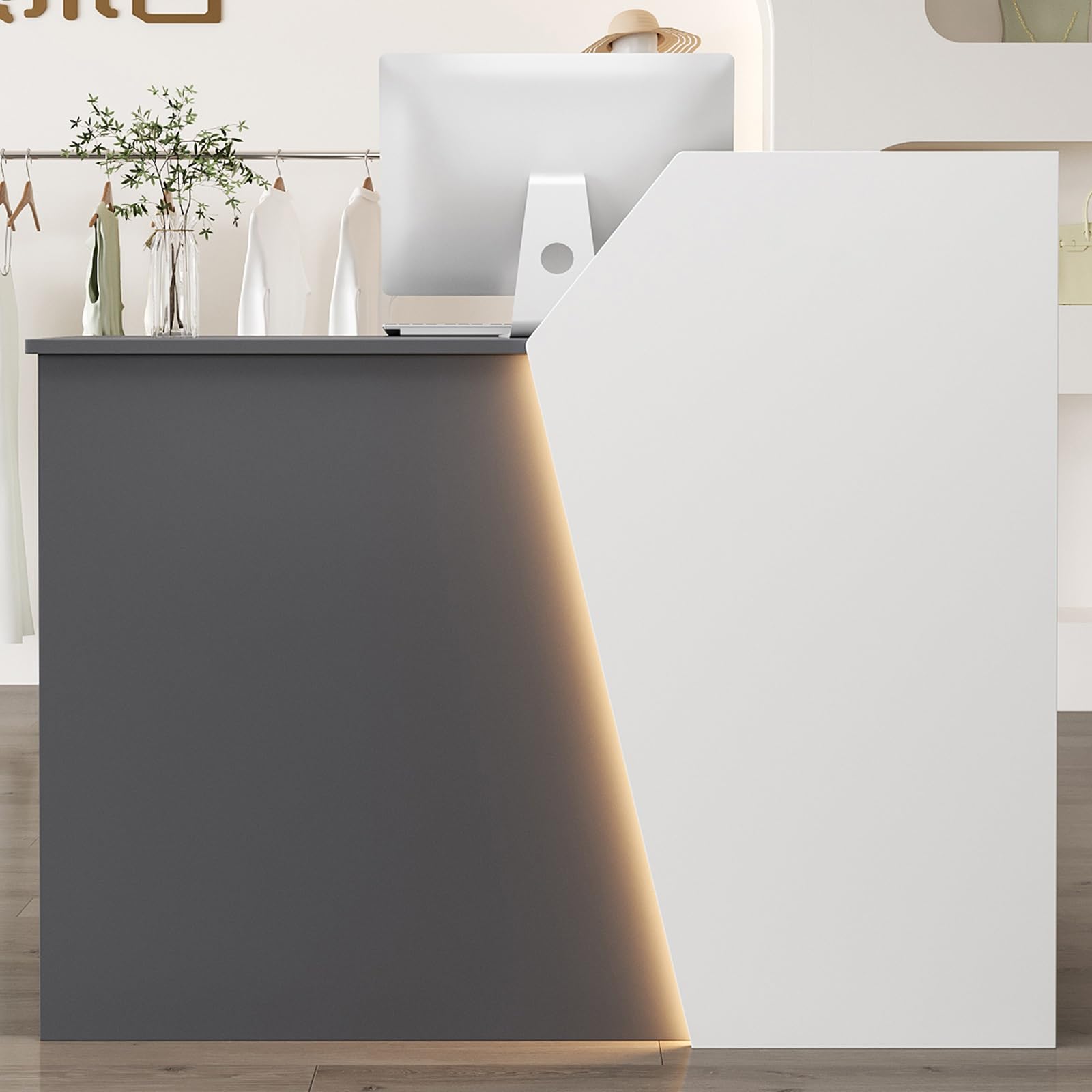 Genérico Mostrador de recepción Moderno Gris con cajón y Armario de Almacenamiento, Mesa Alta para Oficina y Comercio, luz LED incluida, 100 cm, solución de Espacio de t