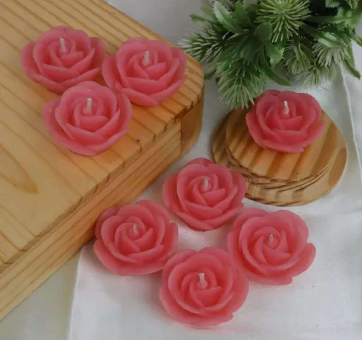 Decorative Rose-Shaped Candle Set, Pink Pillar and Floating Candles, 8 Pieces