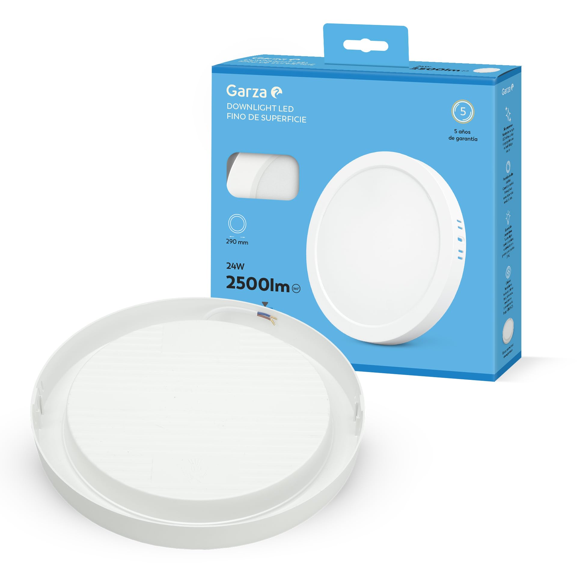 Garza - Downlight LED Surface, Circular, Ceiling Light, 29.5 cm, 24W, 6500K Cold Light, 2500lm, 30,000h, IP20, White, Energy Saving 80%