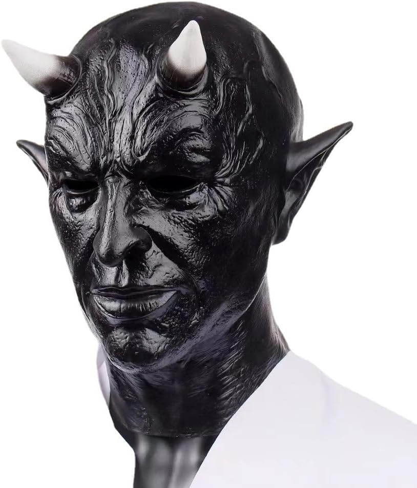 YAQIZENG Latex Bull Demon Mask with Horn Full Head Masks Headgear Halloween Abult Teens Black Face Masks Horror Scary Party Props Costume Fright Garden Decoration