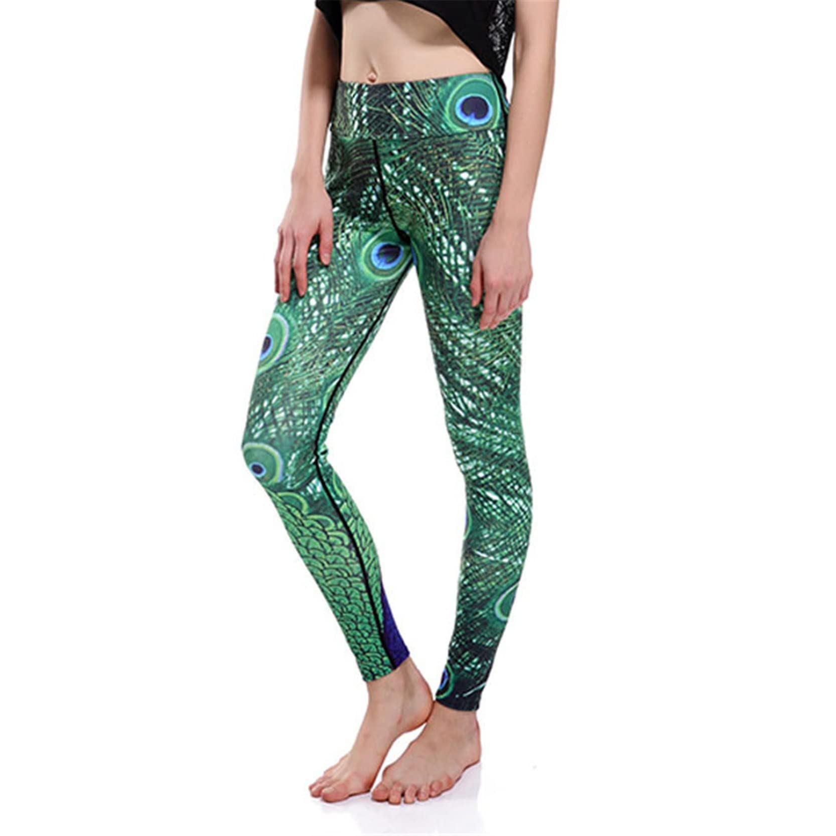 Leggins Mujer Push Up Pantalones Fitness Mallas, Pavo de pavo real Impresiones de plumas Leggings Longitud de tobillo Levantamiento de culo Pantalones de yoga Pantalones deportivos flacos Seco rápido