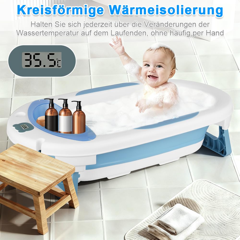 Składana wanna dla niemowląt z poduszką kąpielową, ergonomiczna, antypoślizgowa, dla noworodków w wieku 0 miesięcy, wanna termostatyczna z matą kąpielową i czepkiem prysznicowym