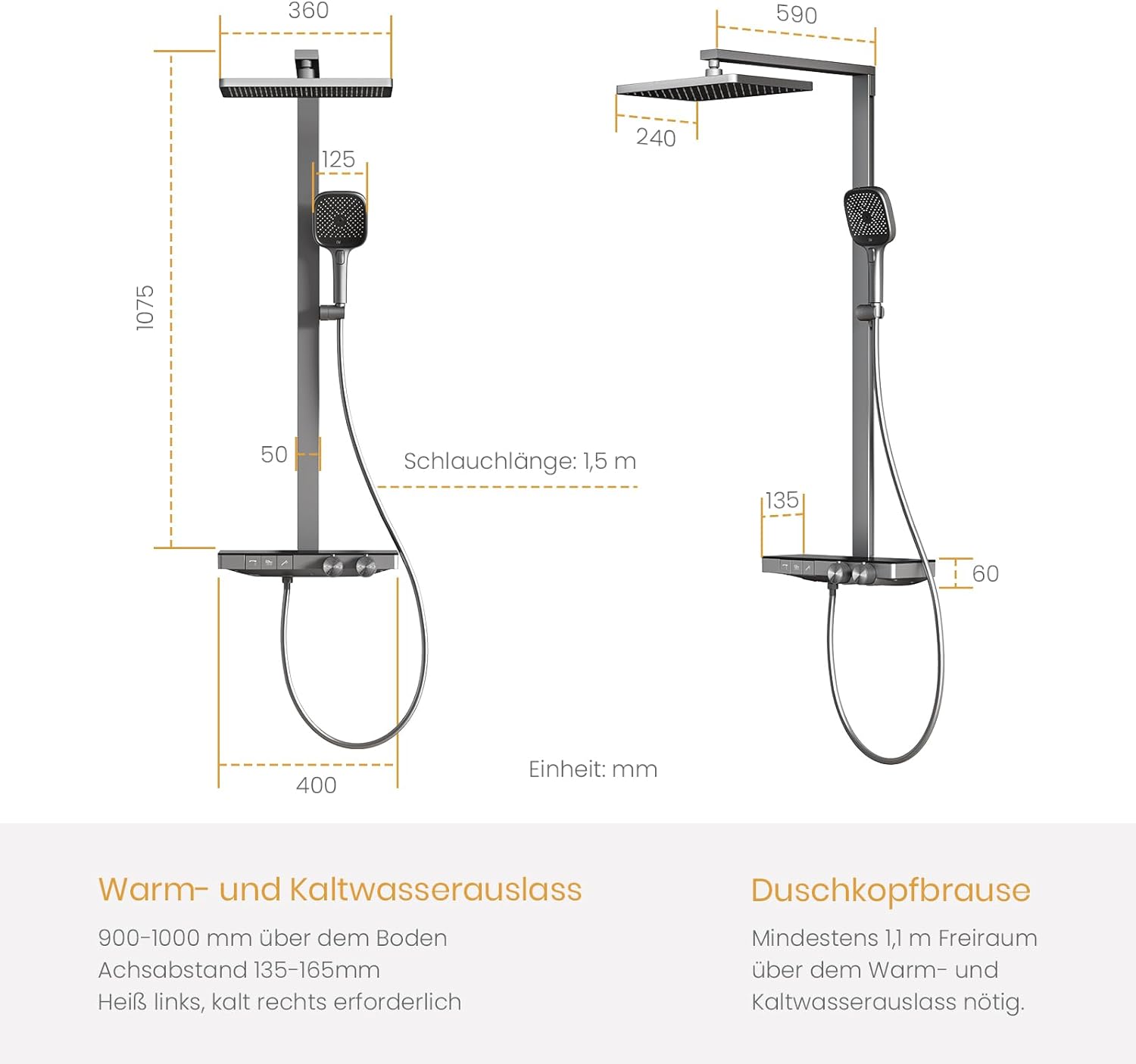 Technical drawing with dimensions for EMKE shower system installation.