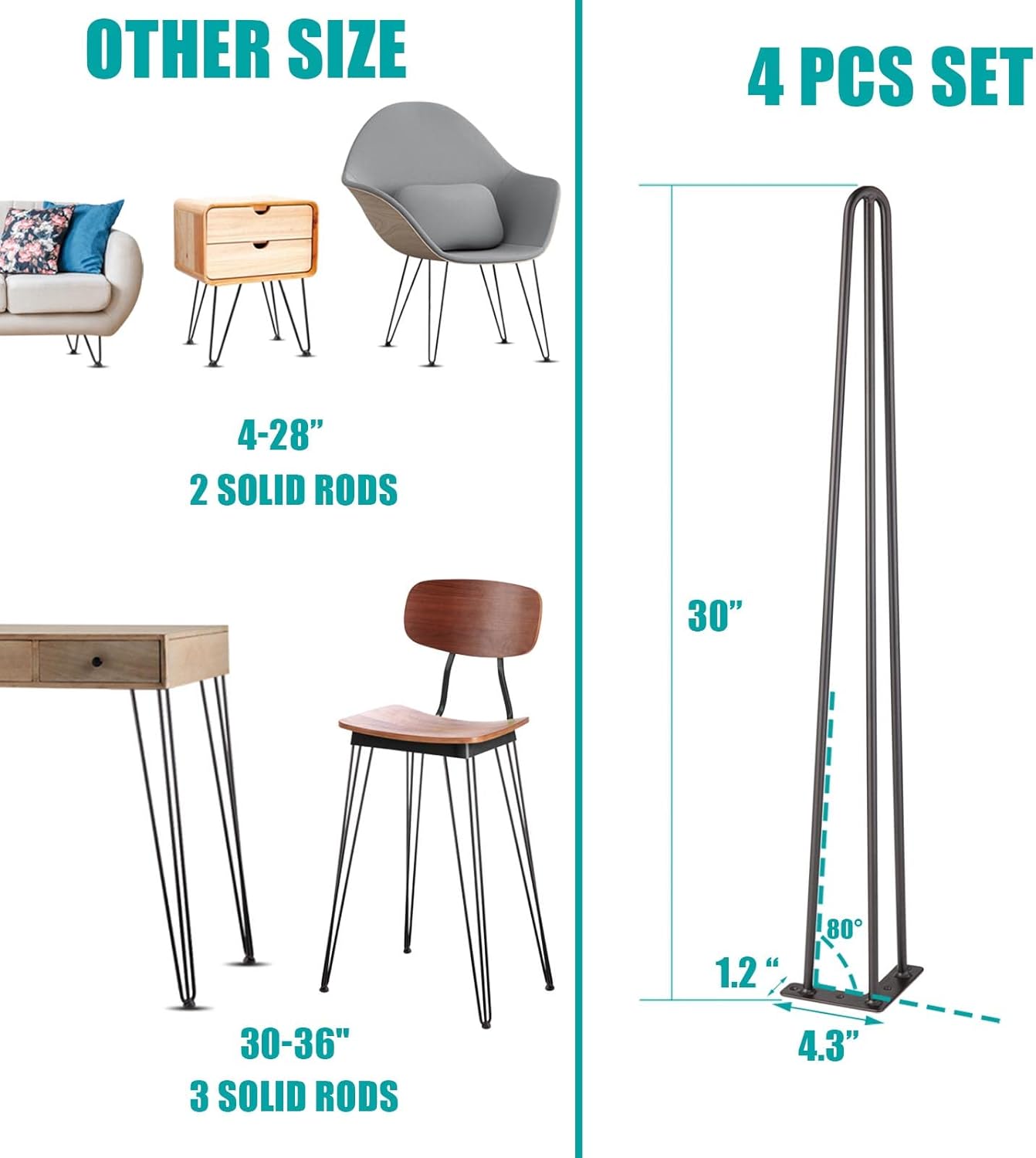 MSOBAIW 30 Inch Hairpin Table Legs Set of 4, 3 Rods Heavy Duty DIY Furniture Legs for Dining Desk, Counter, Bar Height Table, Bench, 3/8" Diameter Satin Black Mid Century Modern Style Hair Pin Leg