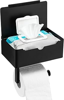 Toprema Matte Black Toilet Paper Holder Tissue Roll Hanger with Shelf Flushable Wipes Dispenser Storage Box Large Stainless Steel Bathroom Lavatory Hardware Wall Mount Adhesive
