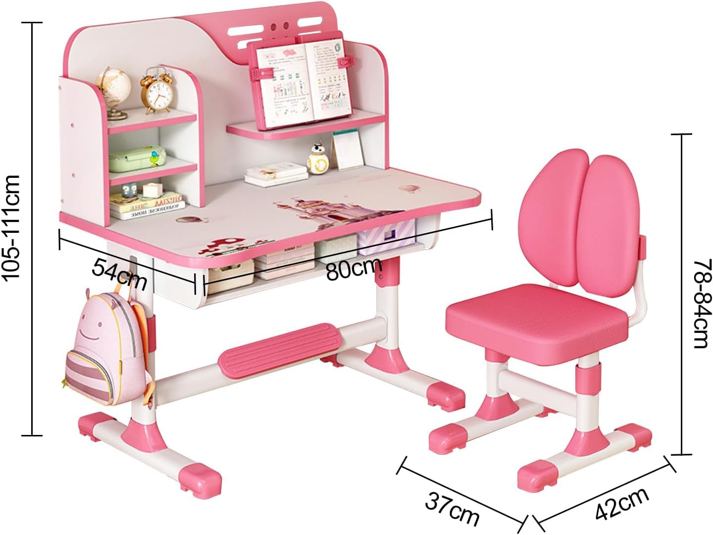 LEAQU Kids Desk and Chair Set, Study Table and Chair, Desk for Kids, Children's Desks with Golden Distance Design, Homeschooling Writing Desk with Desktop for Boys and Girls (Pink 3)