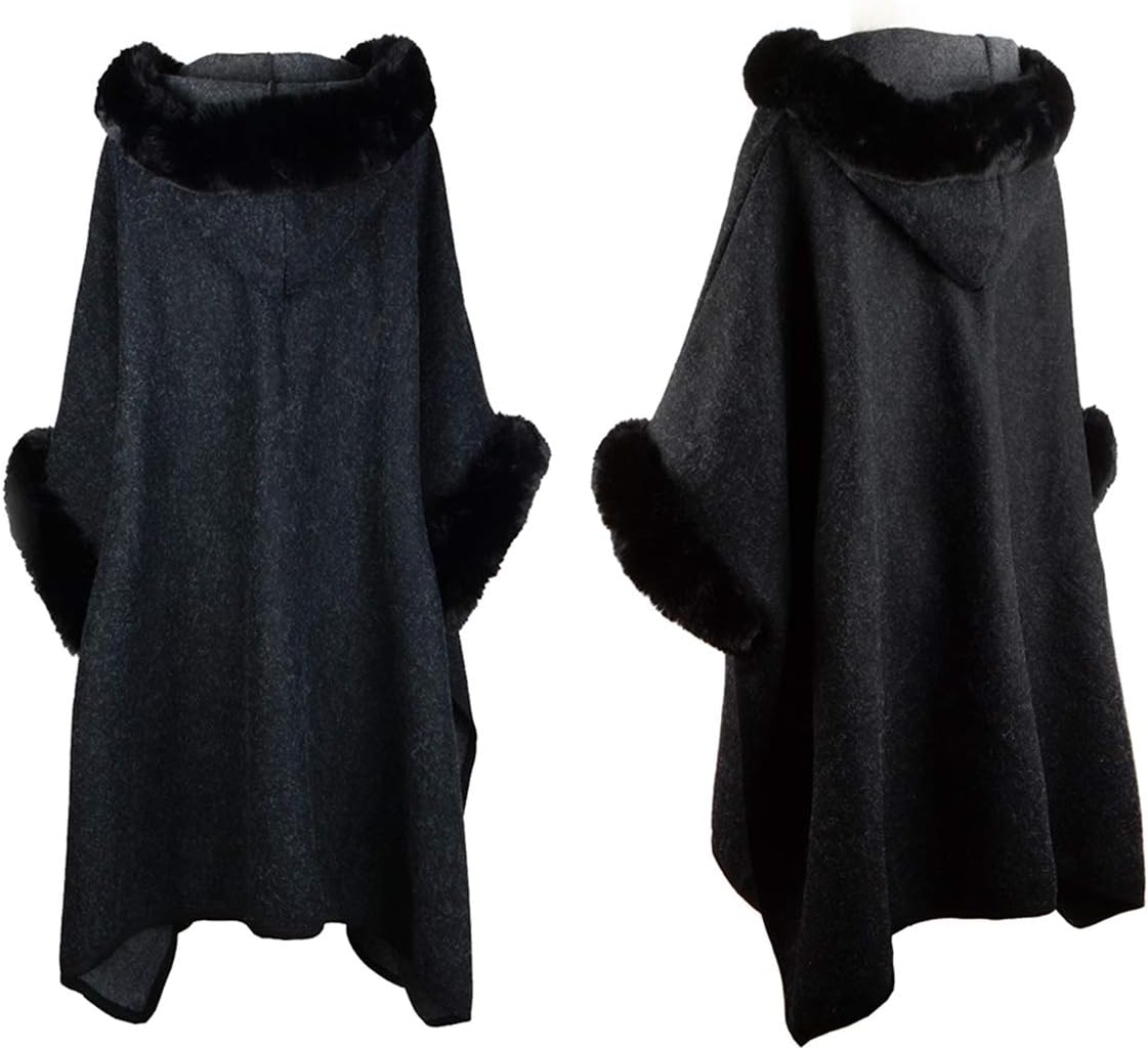 Women's Hooded Cloak Faux Rabbit Fur Cape Wrap Wool Coat Cardigan Poncho Warm - Image 3