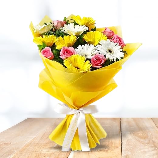 The FloralMart® Fresh Flowers Bunch of 15 Assorted Flowers in Paper Wrapping, For Birthday, Anniversary or Any Occasions.