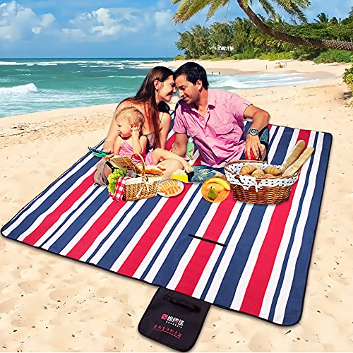 Suncojia Picnic Blankets Foldable Outdoor Blanket Portable Extra Large Thick 3-Layers, Waterproof Sandproof, Machine Washable For Beach, Camping, Travel, Grass 79''X 79'' (Blue White Red Stripe) #TOP5