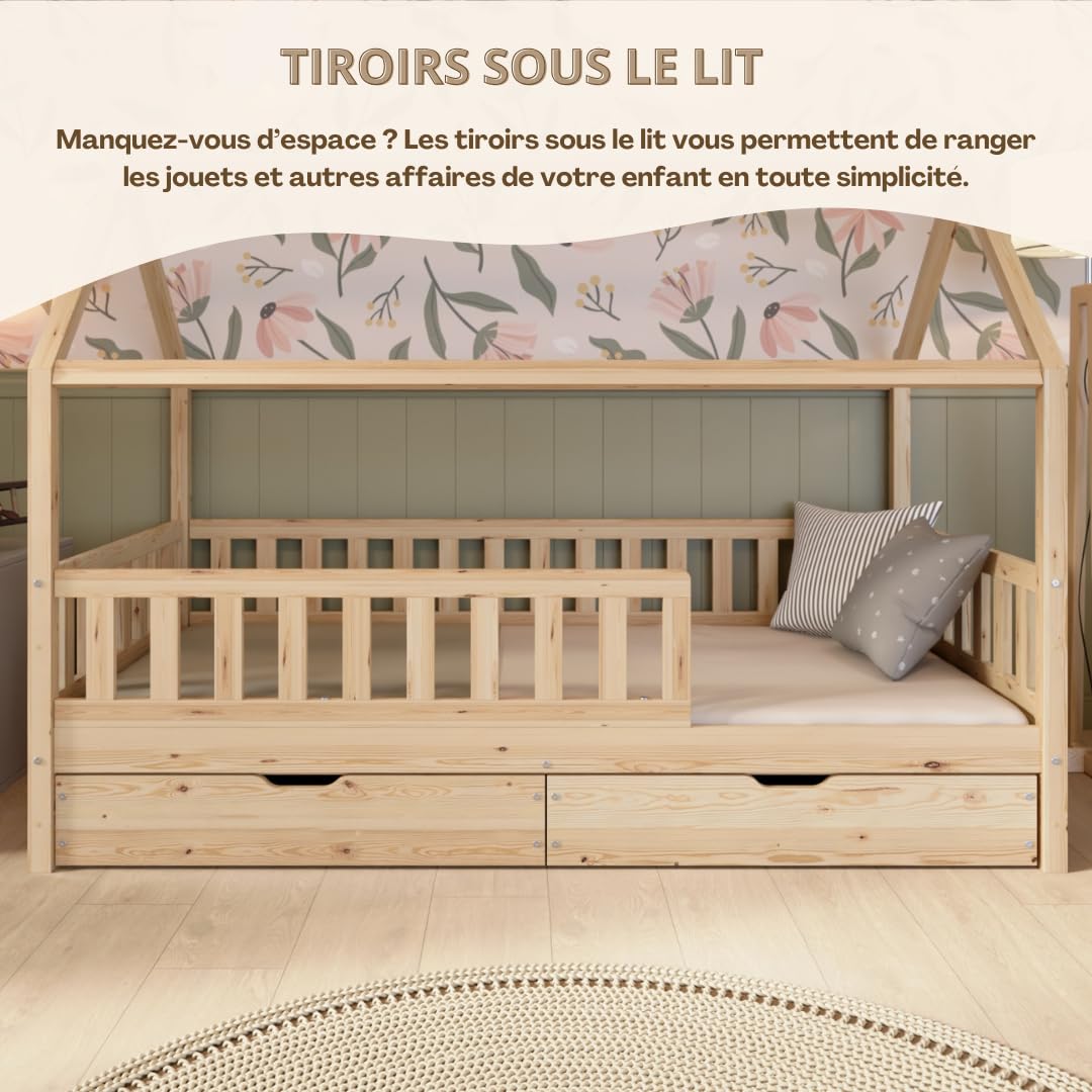 Crazy Blanco Lit de maison avec tiroirs, 90 x 200 cm, en bois naturel, avec protection anti-chute, design scandinave, lit de sol Montessori avec espace de rangement supplémentaire
