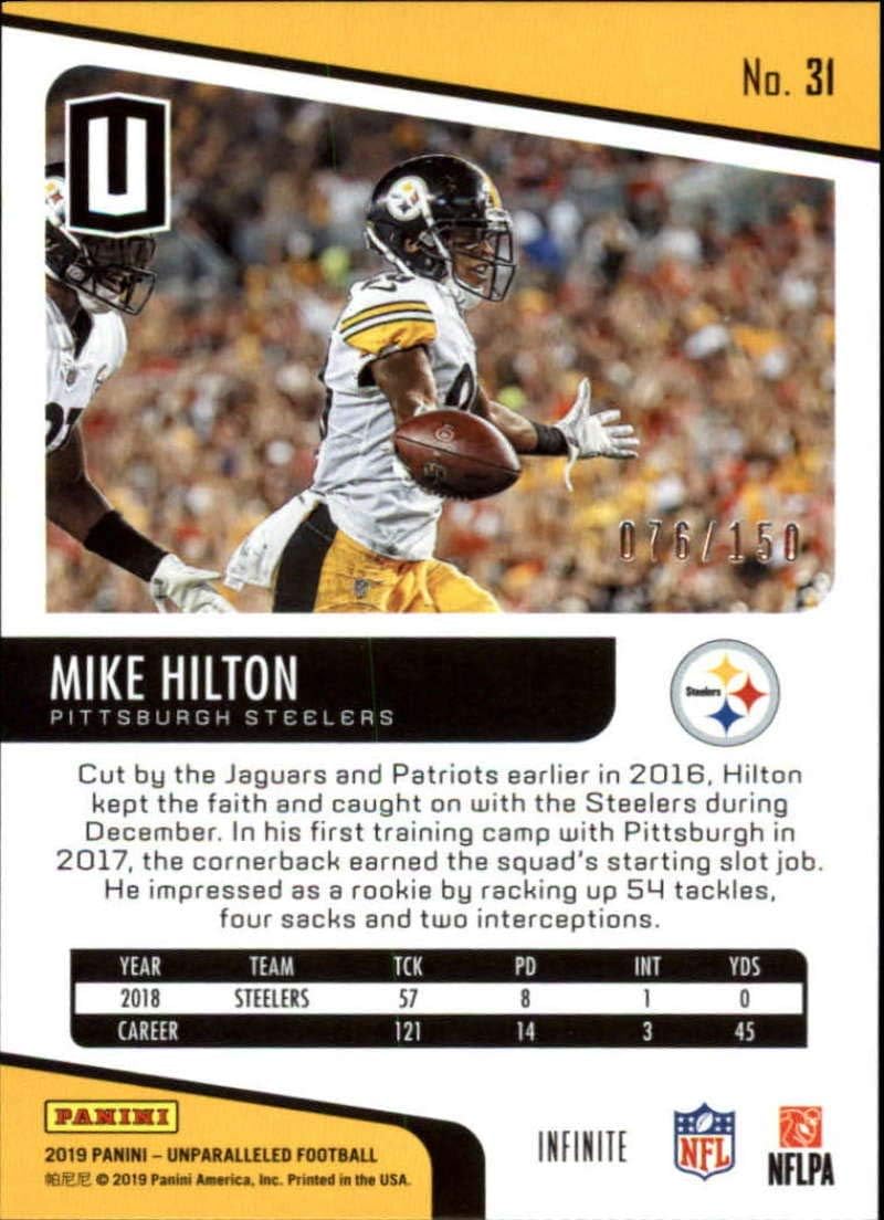 2019 Unparalleled Football Infinite #31 Mike Hilton S150 Pittsburgh Steelers Official Panini Trading Card