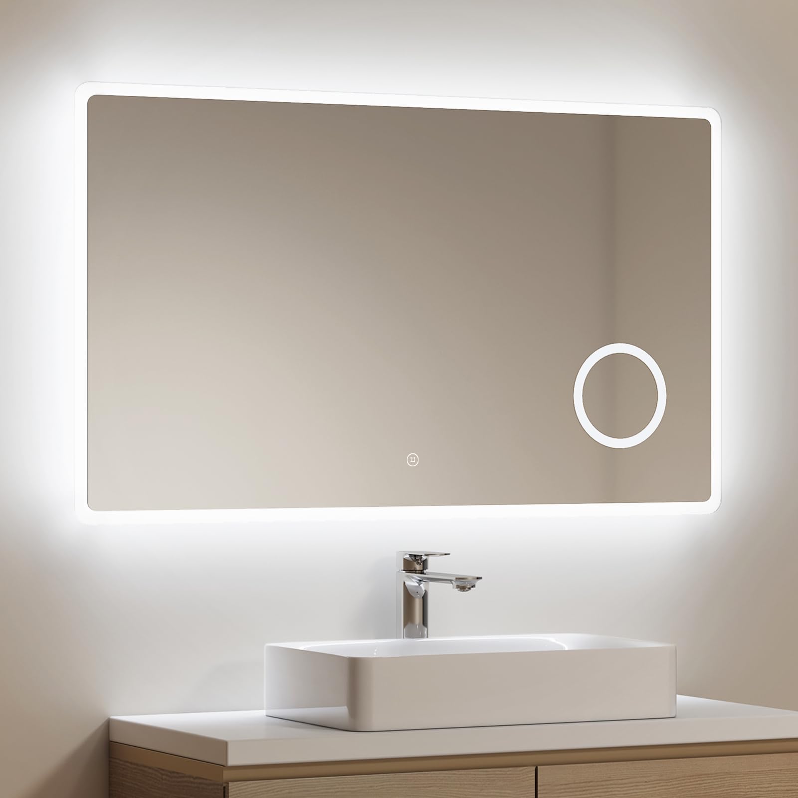 EMKE Espejo de Baño con Iluminación, 120x60 cm, Espejo LED con Espejo de Aumento 3X + Luz Fría de 6500K + Táctil IP44, Espejo de Baño de Bajo Consumo Energético