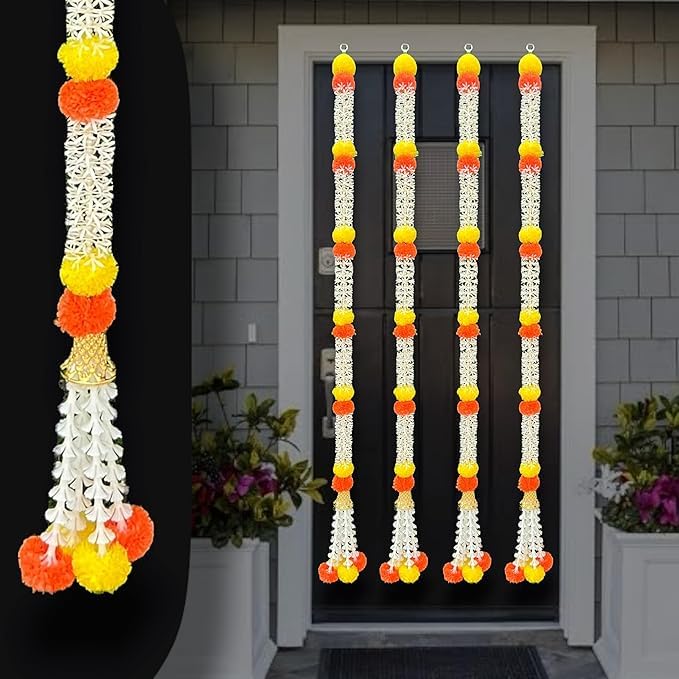 Image of iHandikart Decorative Artificial Flower Strings, Pack of 4 White & Yellow Garlands for Door, Wedding, Diwali, Pooja Room & Festival Decoration Size (58 Inch)