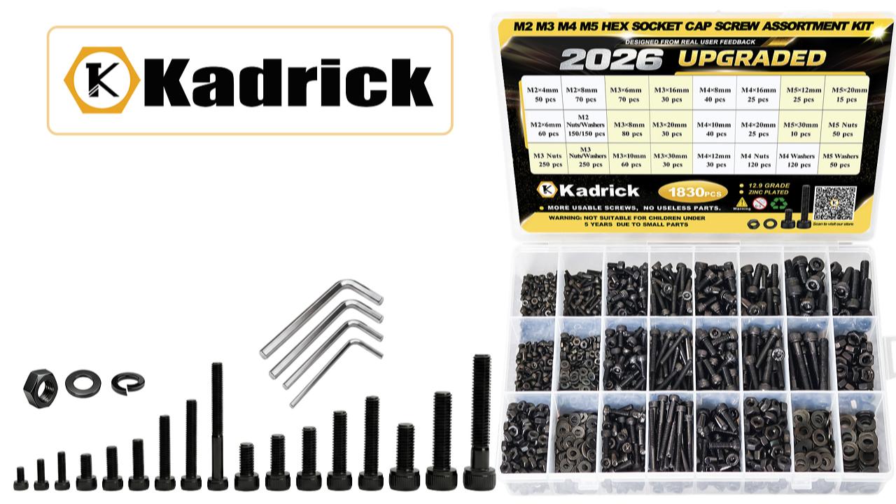 Image of Kadrick M2 M3 M4 M5 Metric Screws Kit 1830PCS, Optimized Assortment with More Screws & Fewer Washers, Class 12.9 Socket Head Cap Screws, Black Zinc Plated Metric Bolt Assortment for 3D Printing & DIY