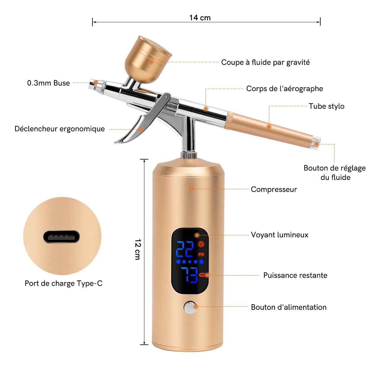 Kit Aerógrafo Inalámbrico 38PSI Ajustable con Compresor, Recargable, Pantalla LCD, Manguera Extensión, Ideal para Peinado, Nail Art, Decoración Pasteles, Maquillaje (38 PSI - Oro Champán)
